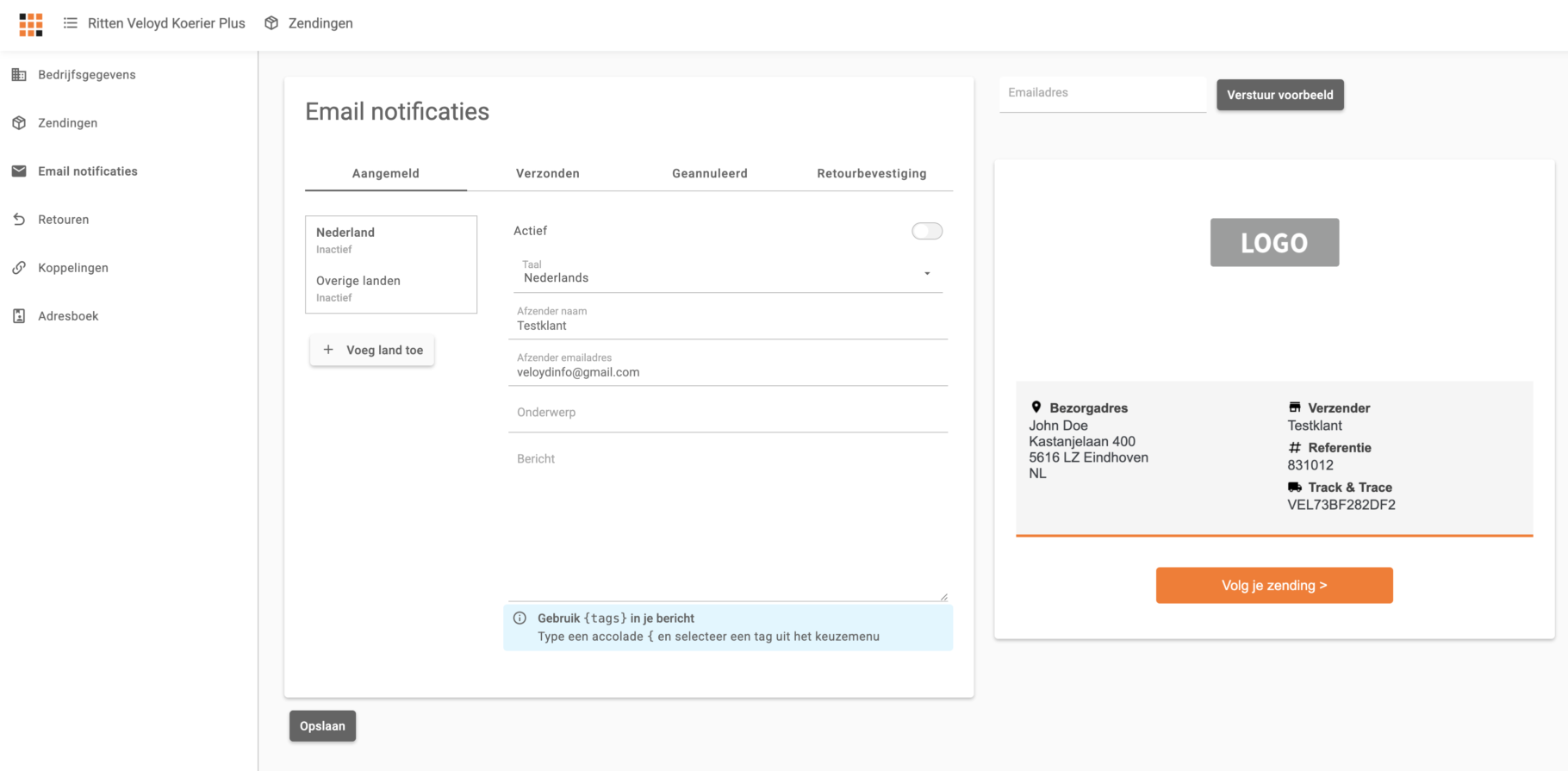 De pagina Email notificaties in het klantportaal met de tabbladen per moment, de talen, het berichtveld en rechts het voorbeeld van de e-mail