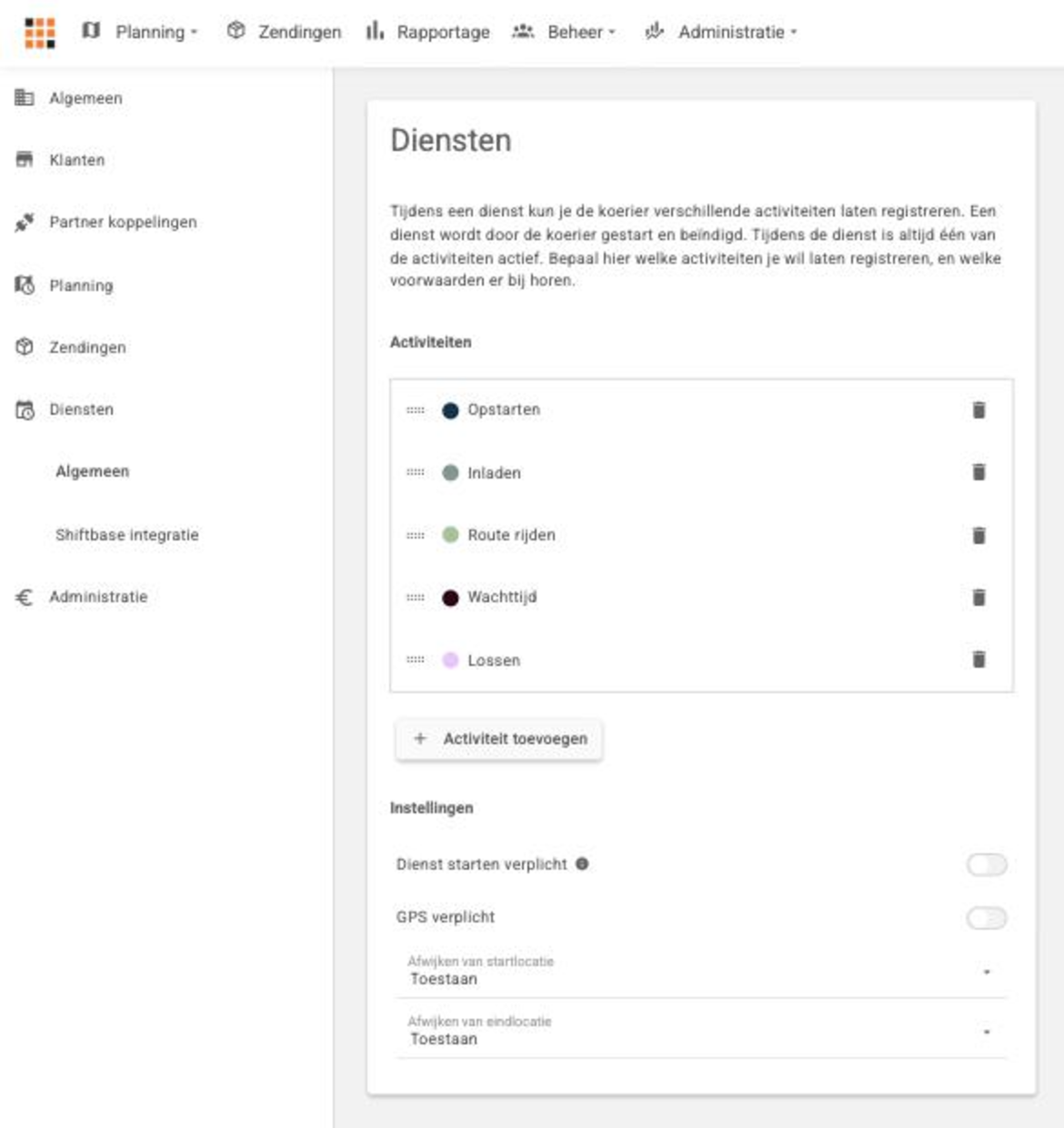 De pagina Diensten onder Beheer met de lijst activiteiten en daaronder de instellingen voor het starten van een dienst en de GPS-verplichting