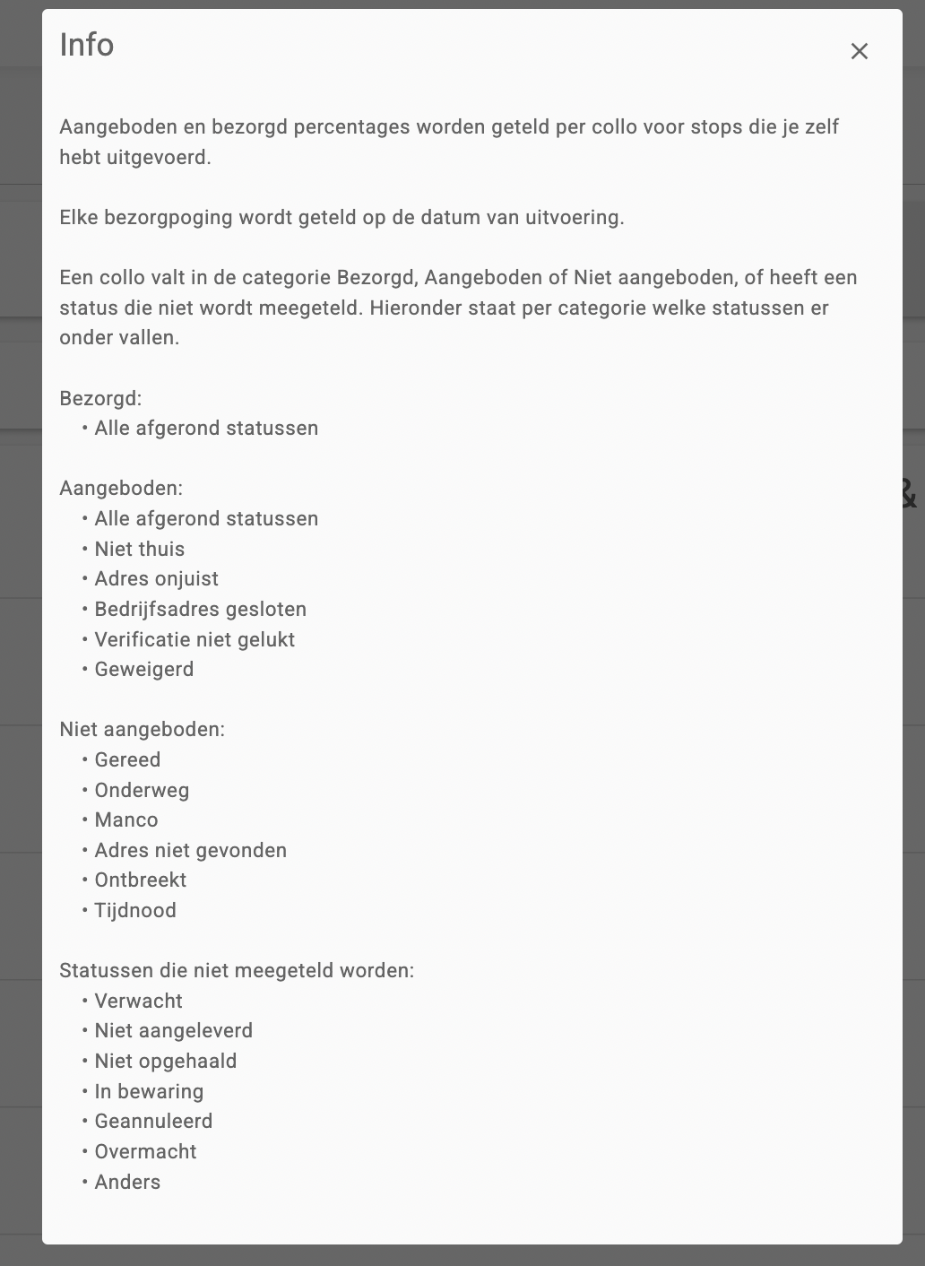 Het venster Info met per categorie de statussen die als bezorgd, aangeboden of niet aangeboden meetellen, en de statussen die niet meetellen