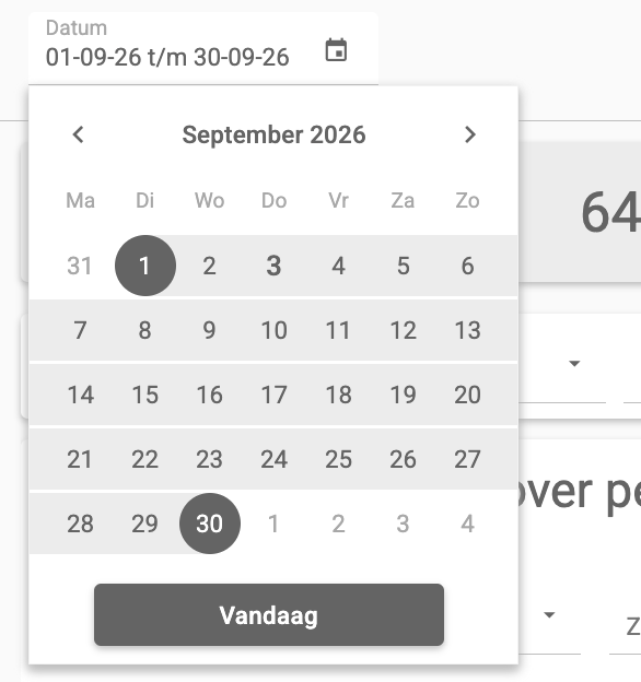 Het geopende veld Datum met de maandkalender, de gekozen begin- en einddatum gemarkeerd en de knop Vandaag
