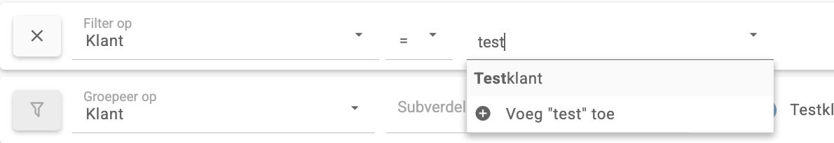 Een filterregel met Filter op Klant en een getypte zoekterm in het waardeveld, met de gevonden klant en de optie Voeg toe eronder