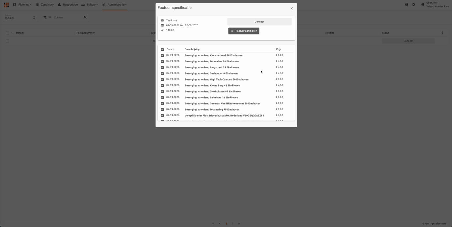 Een conceptfactuurspecificatie met per regel de omschrijving en de track en trace code