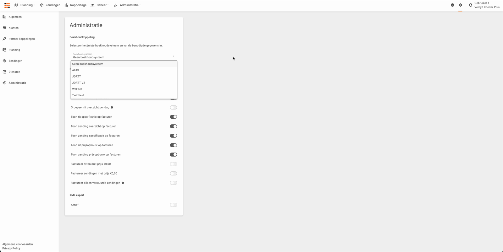 De keuzelijst met de beschikbare boekhoudsystemen op de instellingenpagina Administratie