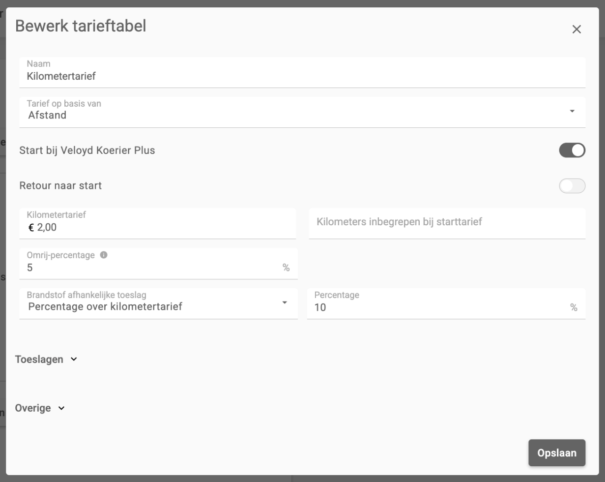 Een tarieftabel op basis van afstand met kilometertarief en omrij-percentage
