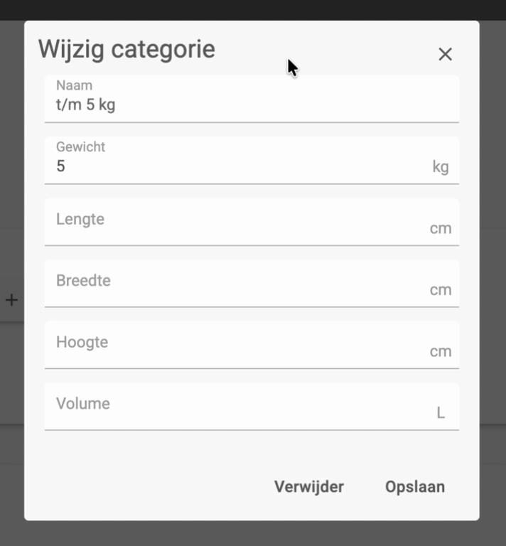 De dialoog Wijzig categorie met gewicht, lengte, breedte, hoogte en volume