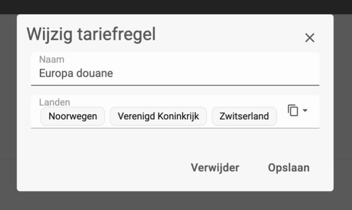 De dialoog Wijzig tariefregel met een naam en drie geselecteerde landen