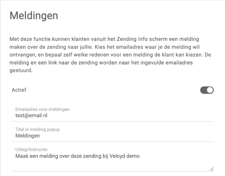 De pagina Meldingen met de schakelaar Actief, Emailadres voor meldingen, Titel in melding popup en Uitleg/instructie