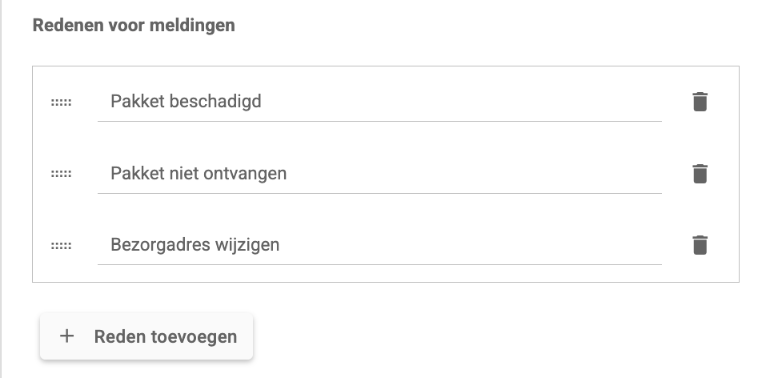 Het blok Redenen voor meldingen met drie redenen en de knop Reden toevoegen