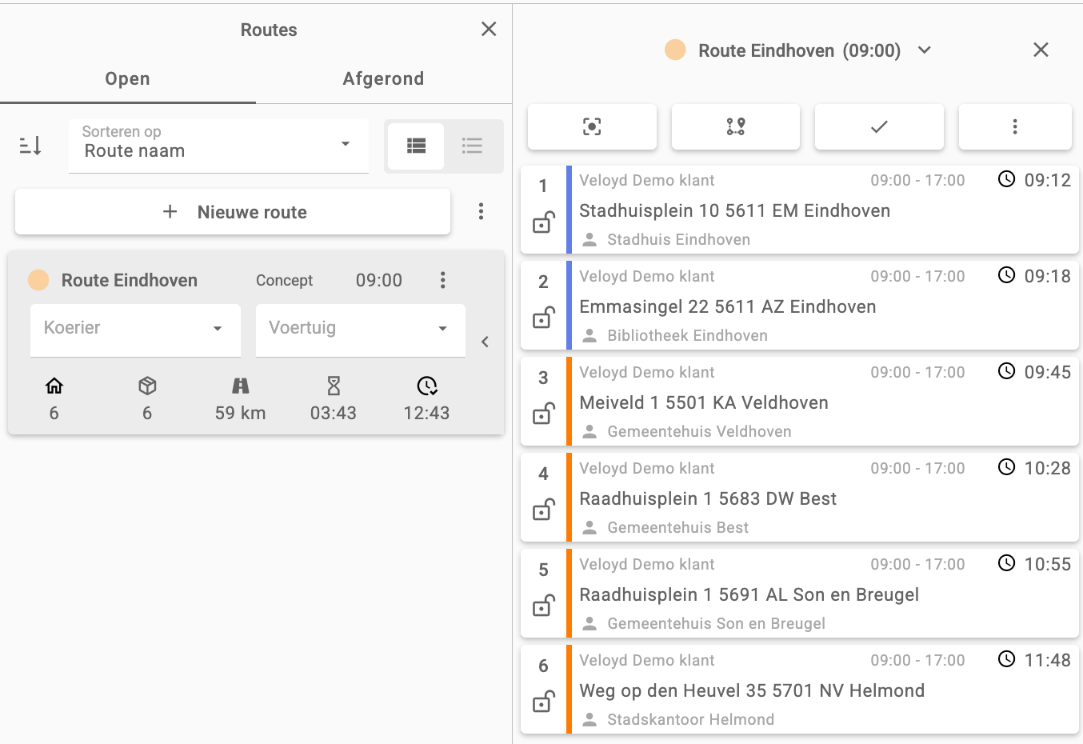 Het routepaneel naast de routelijst, met de knoppen Focus op kaart, Optimaliseren, Gereed en het driepuntsmenu, en daaronder de stops met hun verwachte aankomsttijd