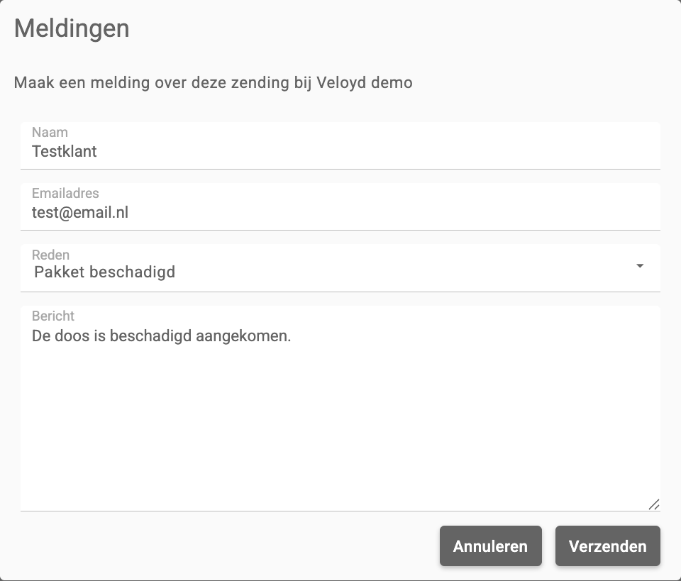 De melding-popup in het klantportaal met de titel, de uitleg en de velden Naam, Emailadres, Reden en Bericht