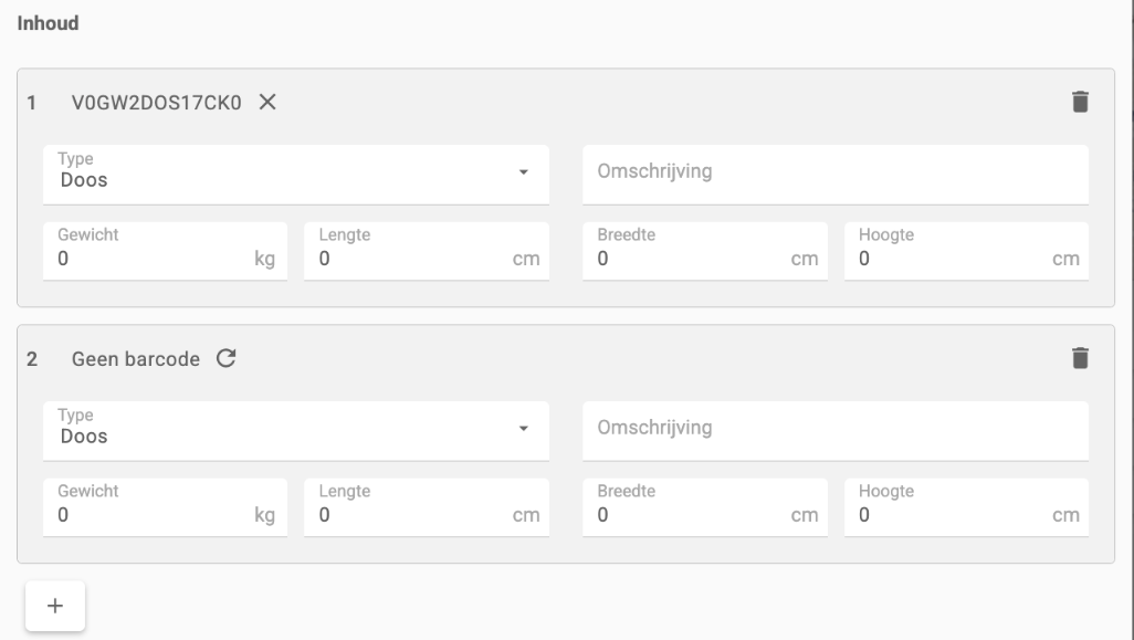Het blok Inhoud van Nieuwe rit met twee colli: de eerste met een barcode en een kruisje om die te wissen, de tweede met Geen barcode en een knop om een nieuwe barcode te genereren