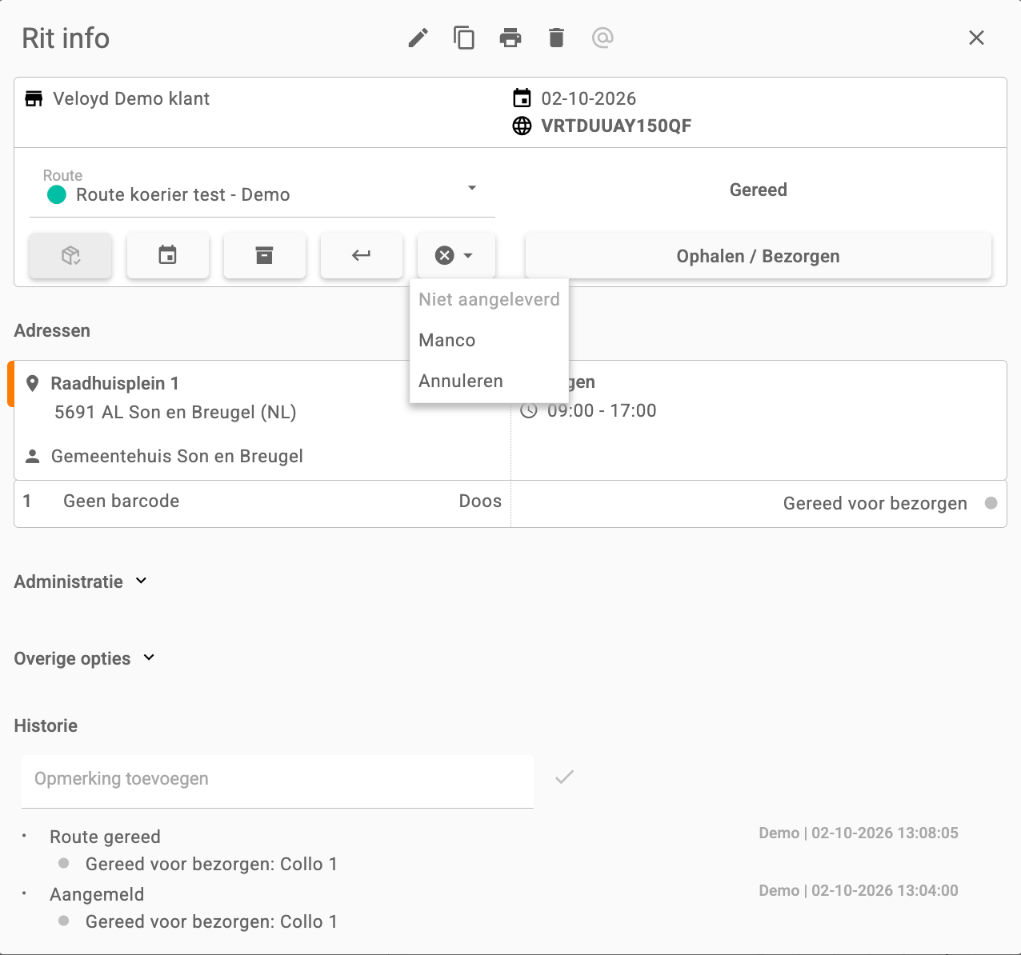 Het scherm Rit info met het geopende statusmenu met Niet aangeleverd, Manco en Annuleren