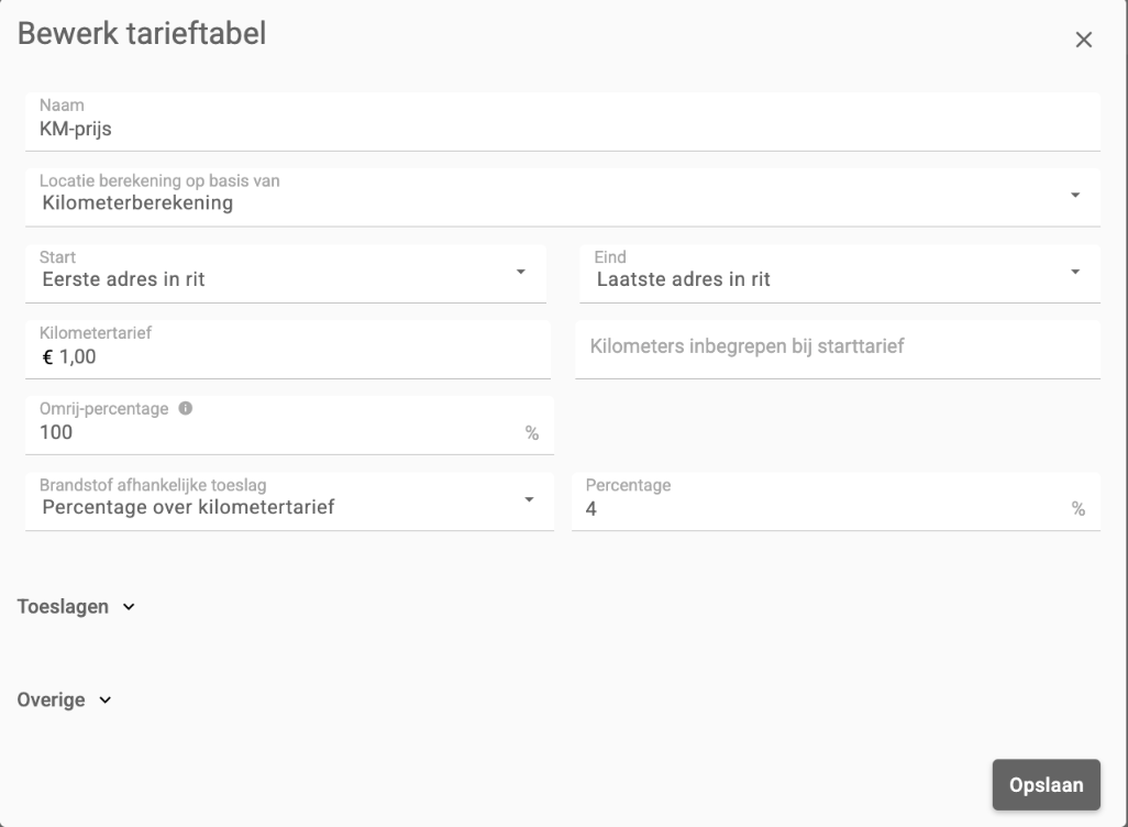 Een tarieftabel op basis van Kilometerberekening met Start, Eind, kilometertarief, omrij-percentage en brandstoftoeslag