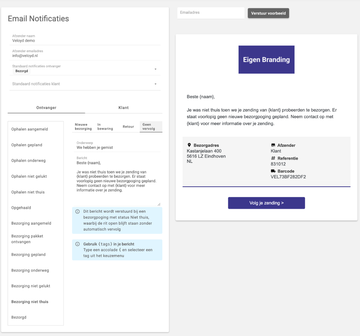 De pagina Email Notificaties met Bezorging niet thuis geselecteerd en het tabblad Geen vervolg geopend, met het onderwerp, het bericht, de uitleg wanneer dit bericht verstuurd wordt en rechts een voorbeeld zonder datum
