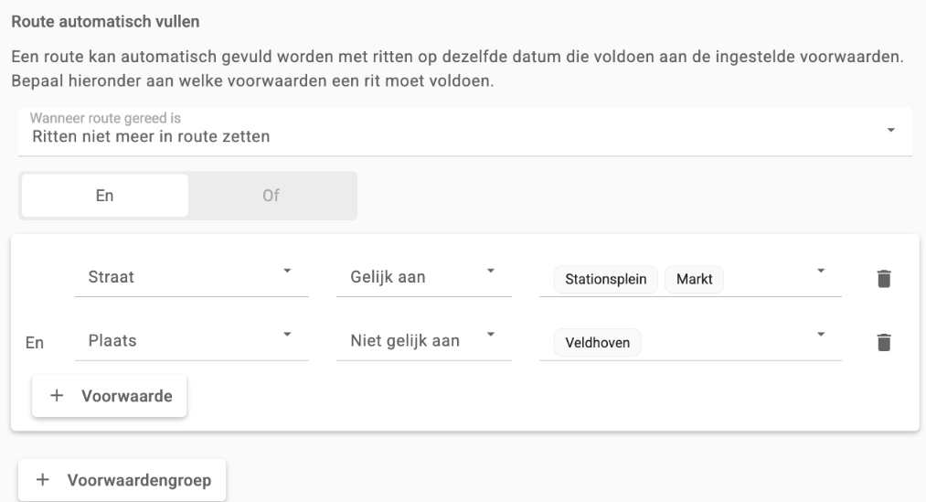 De sectie Route automatisch vullen met de voorwaarde Straat gelijk aan Stationsplein en Markt, en de voorwaarde Plaats niet gelijk aan Veldhoven