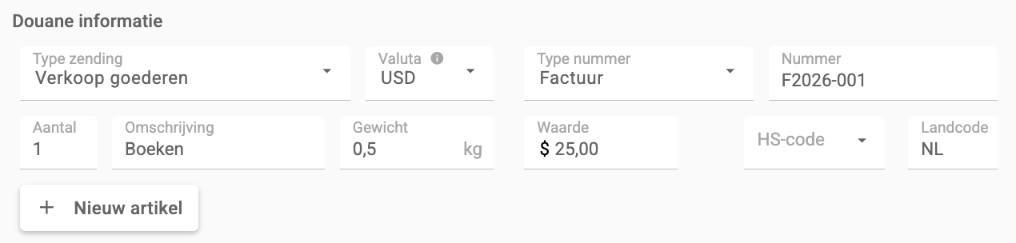 Het blok Douane informatie bij een zending naar Zwitserland, met Valuta USD en een artikel met een waarde van $ 25,00