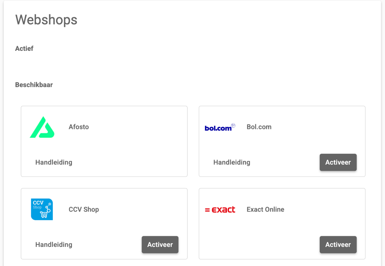 Het overzicht Webshops in het klantportaal met de kaart Bol.com en de knop Activeer