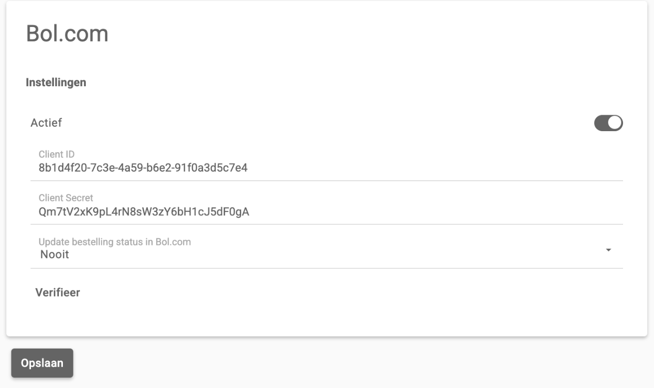 De instellingen van Bol.com met Actief aan en de velden Client ID en Client Secret ingevuld