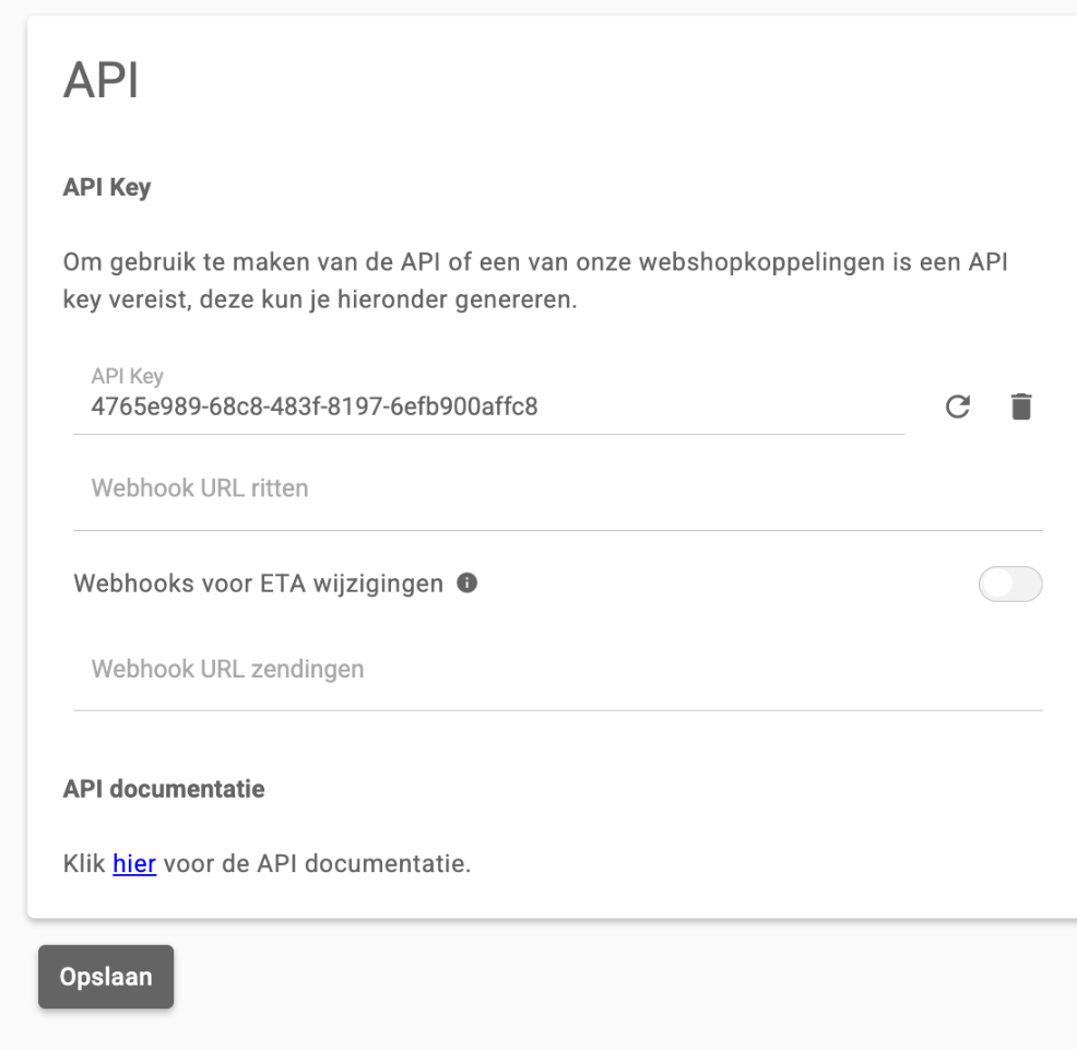 De pagina API in het klantportaal met een gegenereerde API key en de knop Opslaan