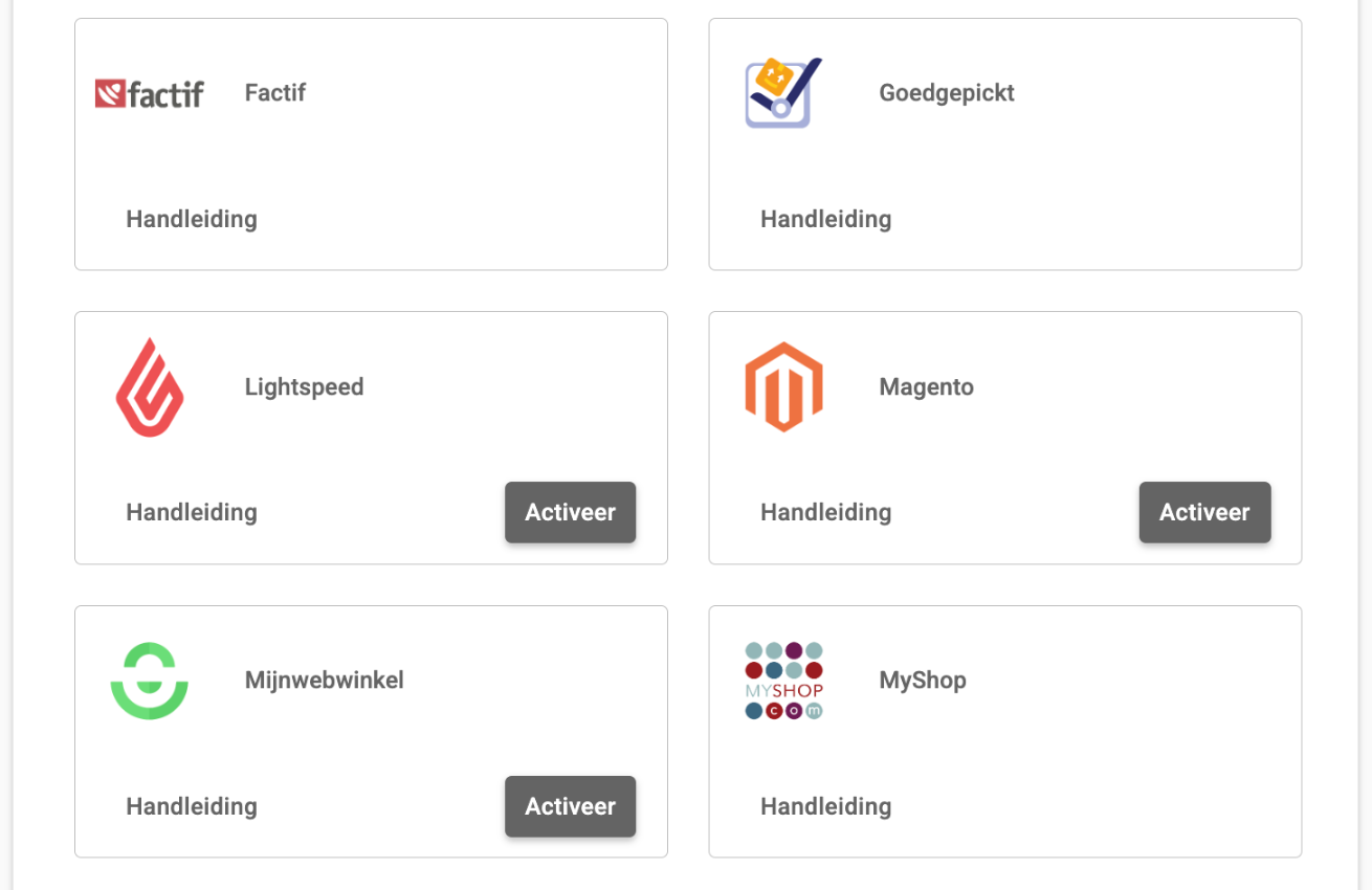 Het overzicht Webshops in het klantportaal met de kaarten Magento en Mijnwebwinkel
