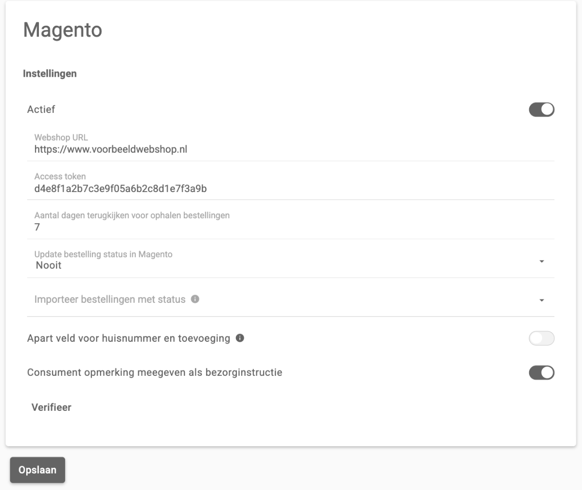 De instellingen van Magento met Webshop URL en Access token ingevuld en de knop Verifieer