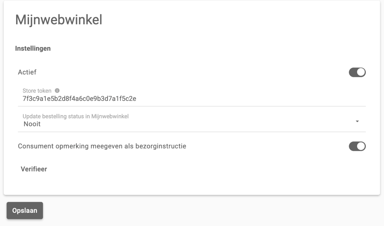 De instellingen van Mijnwebwinkel met Actief aan en het veld Store token ingevuld