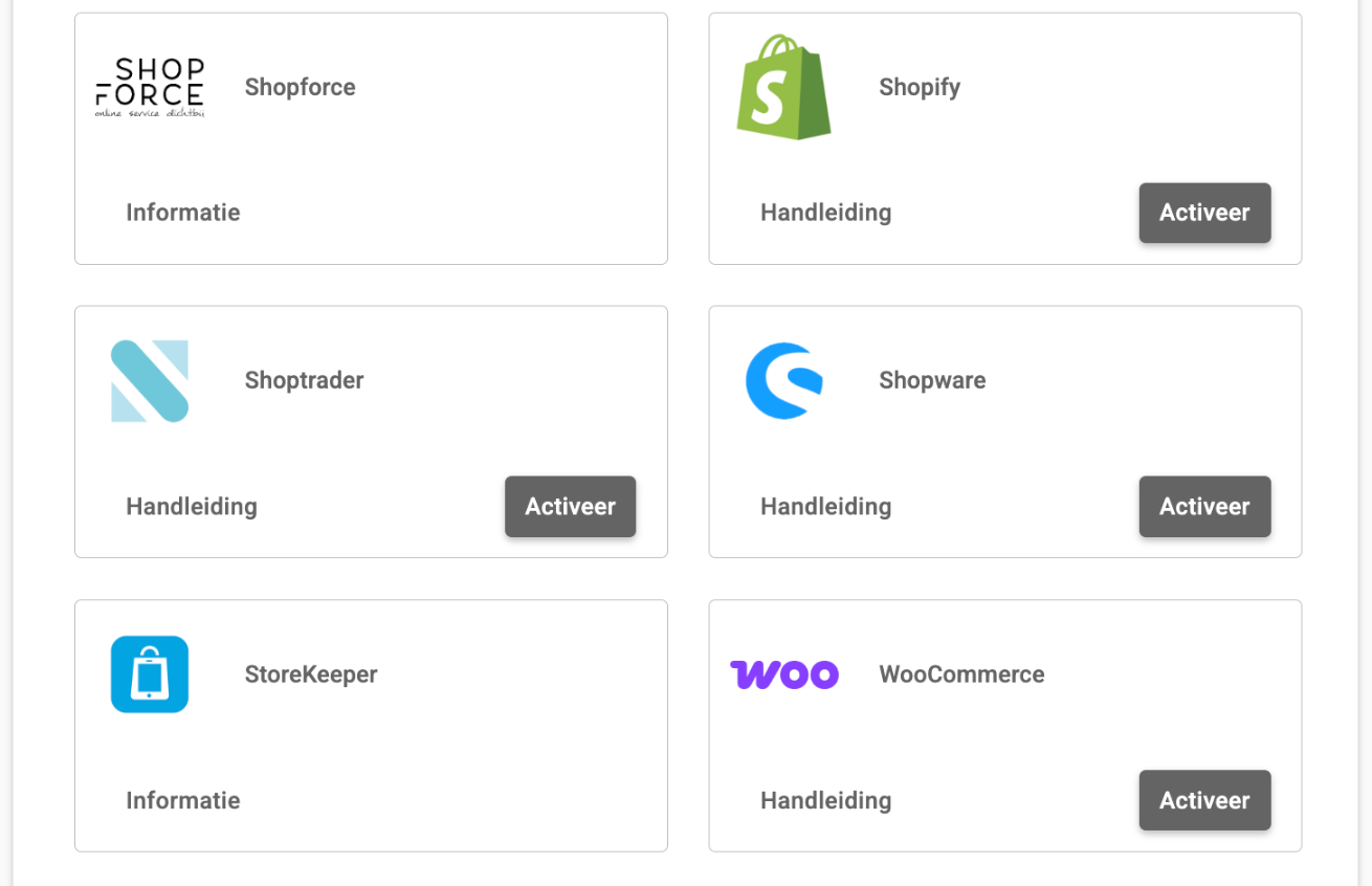 Het overzicht Webshops in het klantportaal met de kaarten Shopify, Shoptrader, Shopware en WooCommerce