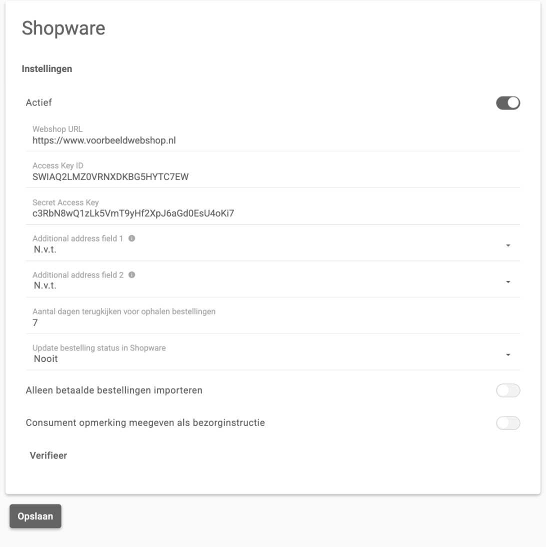 De instellingen van Shopware met Webshop URL, Access Key ID en Secret Access Key ingevuld en de knop Verifieer