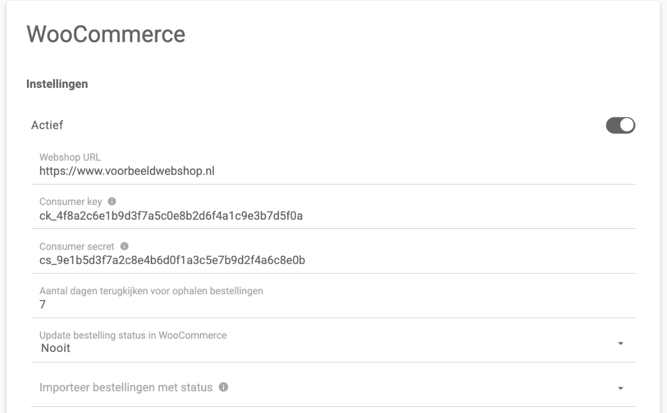 De instellingen van WooCommerce met Webshop URL, Consumer key en Consumer secret ingevuld