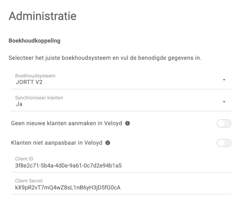 Instellingen > Administratie met Boekhoudsysteem JORTT V2 en de velden Client ID en Client Secret ingevuld