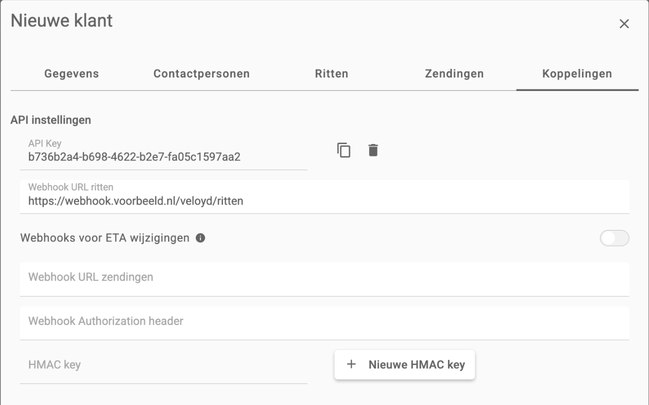 Het tabblad Koppelingen van een klant met een API key en de Webhook URL ritten