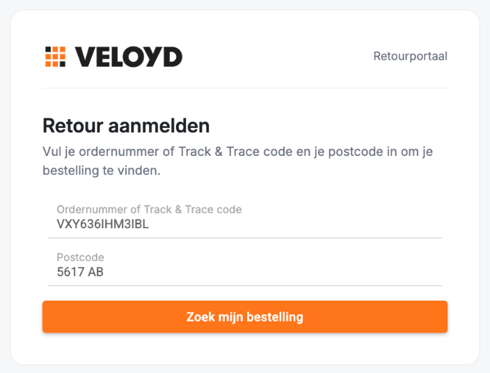 Het retourportaal met het formulier Retour aanmelden, met de velden Ordernummer of Track & Trace code en Postcode en de knop Zoek mijn bestelling