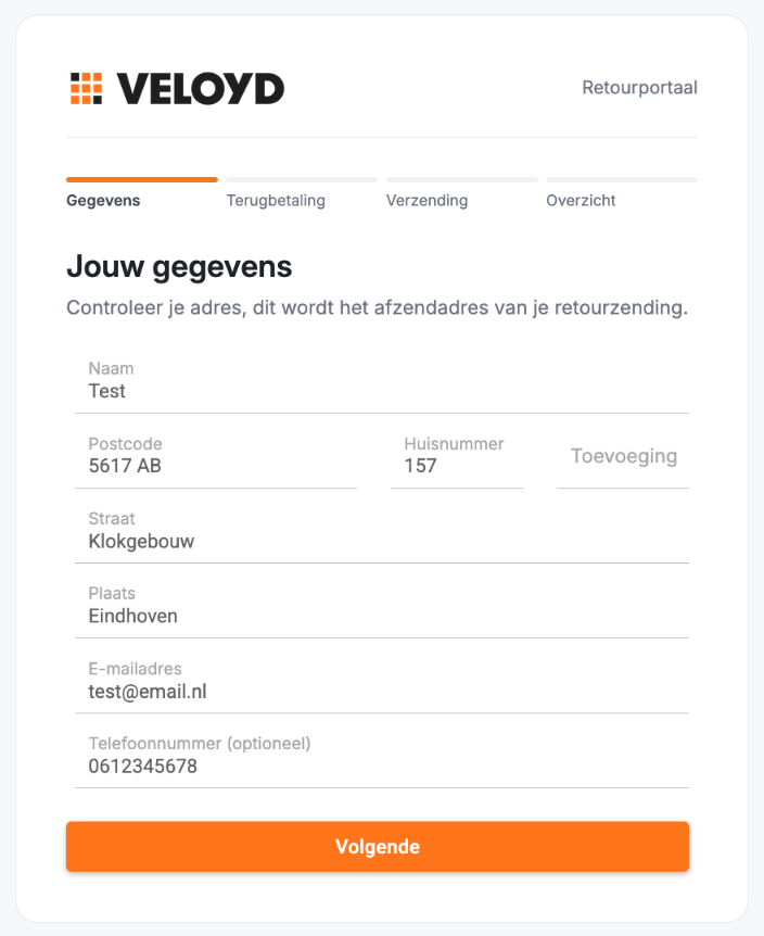 De stap Jouw gegevens in het retourportaal met naam, adres, e-mailadres en telefoonnummer van de ontvanger