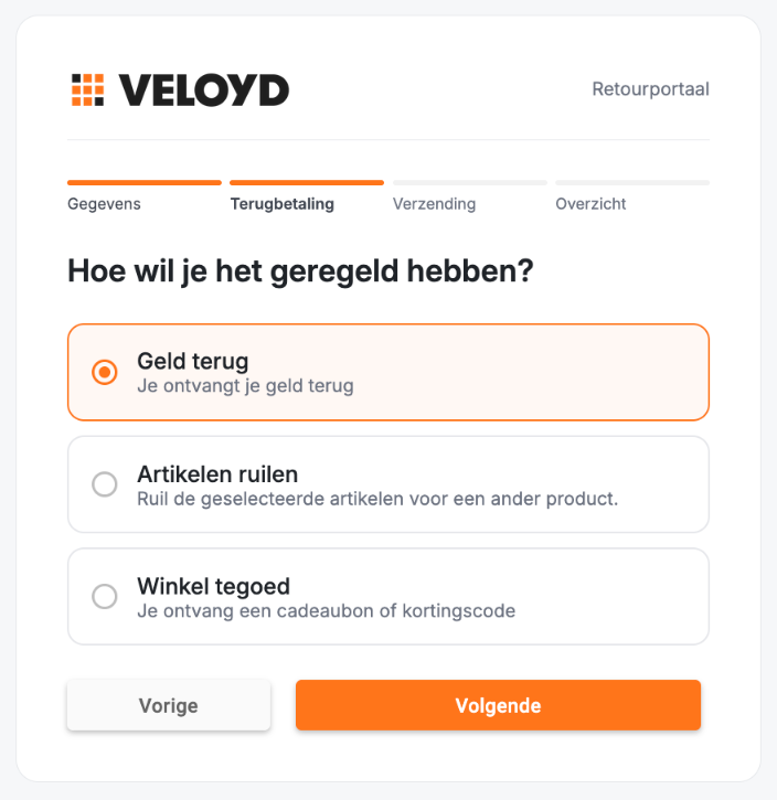 De stap Terugbetaling in het retourportaal met de keuzes Geld terug, Artikelen ruilen en Winkel tegoed