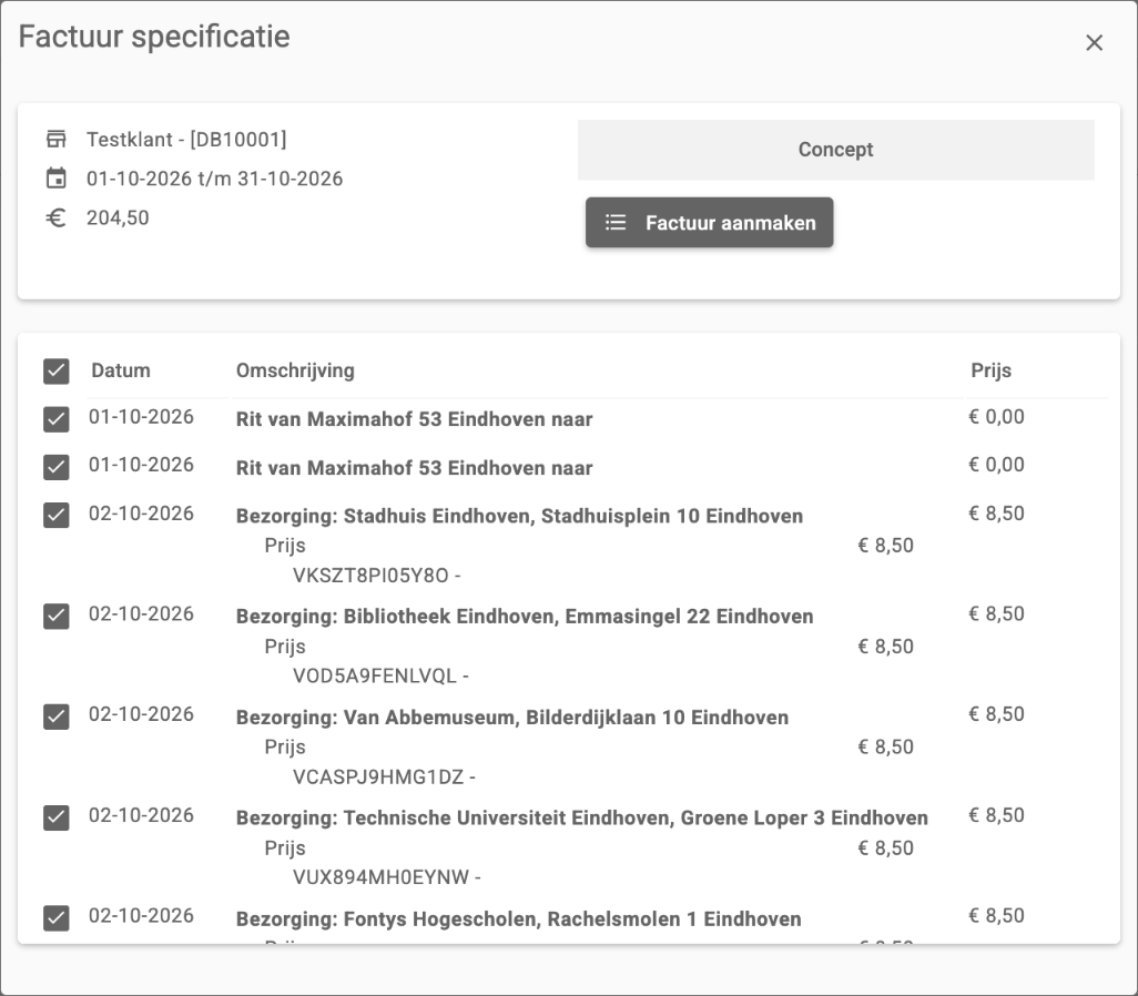 De dialoog Factuur specificatie met bovenaan klant, periode, totaalbedrag en status, en daaronder per rit de datum, de omschrijving en de prijs