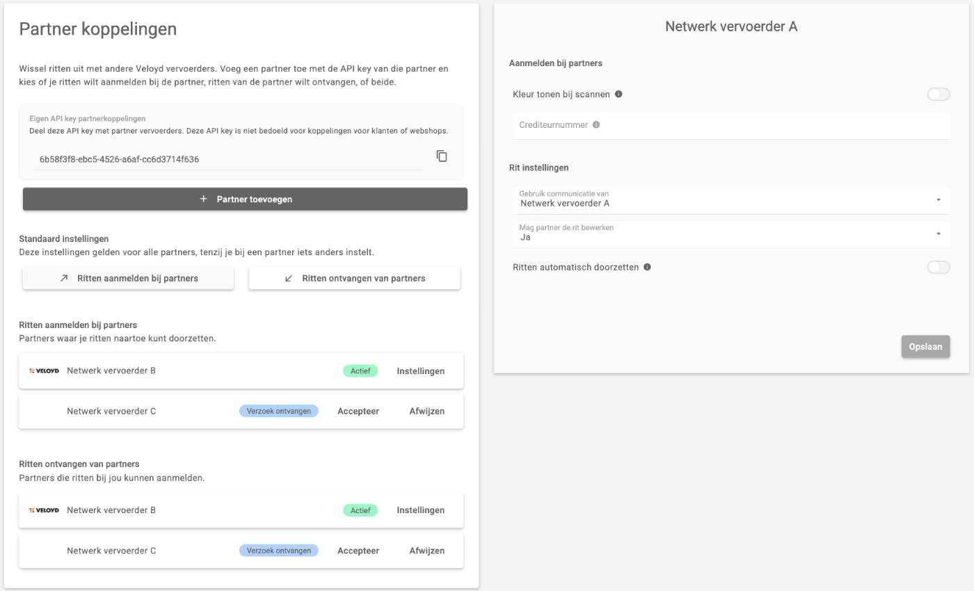 Partner koppelingen met de eigen API key, de knop Partner toevoegen, de knoppen voor de standaardinstellingen, de lijsten Ritten aanmelden bij partners en Ritten ontvangen van partners, en rechts de standaardinstellingen voor aanmelden