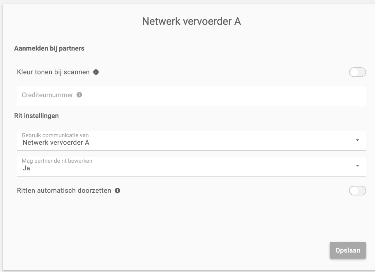 Standaardinstellingen voor aanmelden bij partners met Kleur tonen bij scannen, Crediteurnummer en de rit instellingen