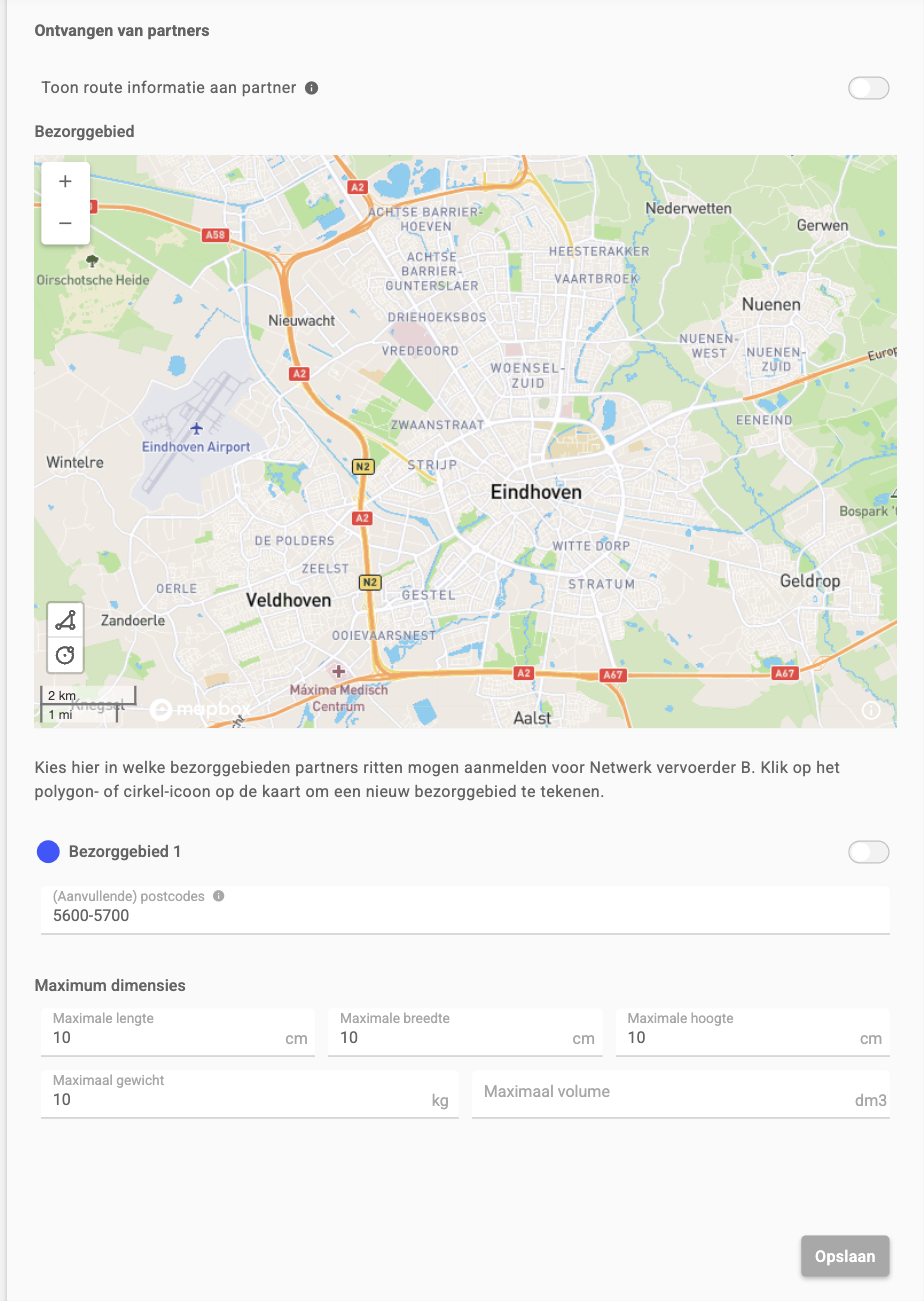Standaardinstellingen voor ontvangen van partners met Toon route informatie aan partner, de kaart met bezorggebieden, postcodes en maximum dimensies