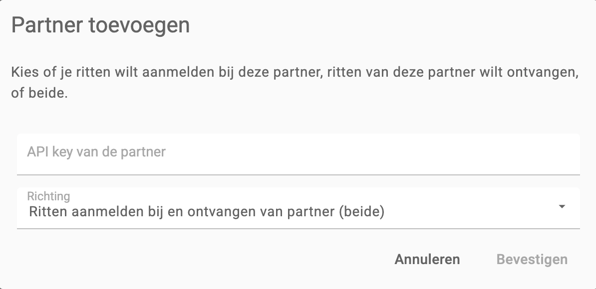 Venster Partner toevoegen met het veld API key van de partner en de keuze Richting