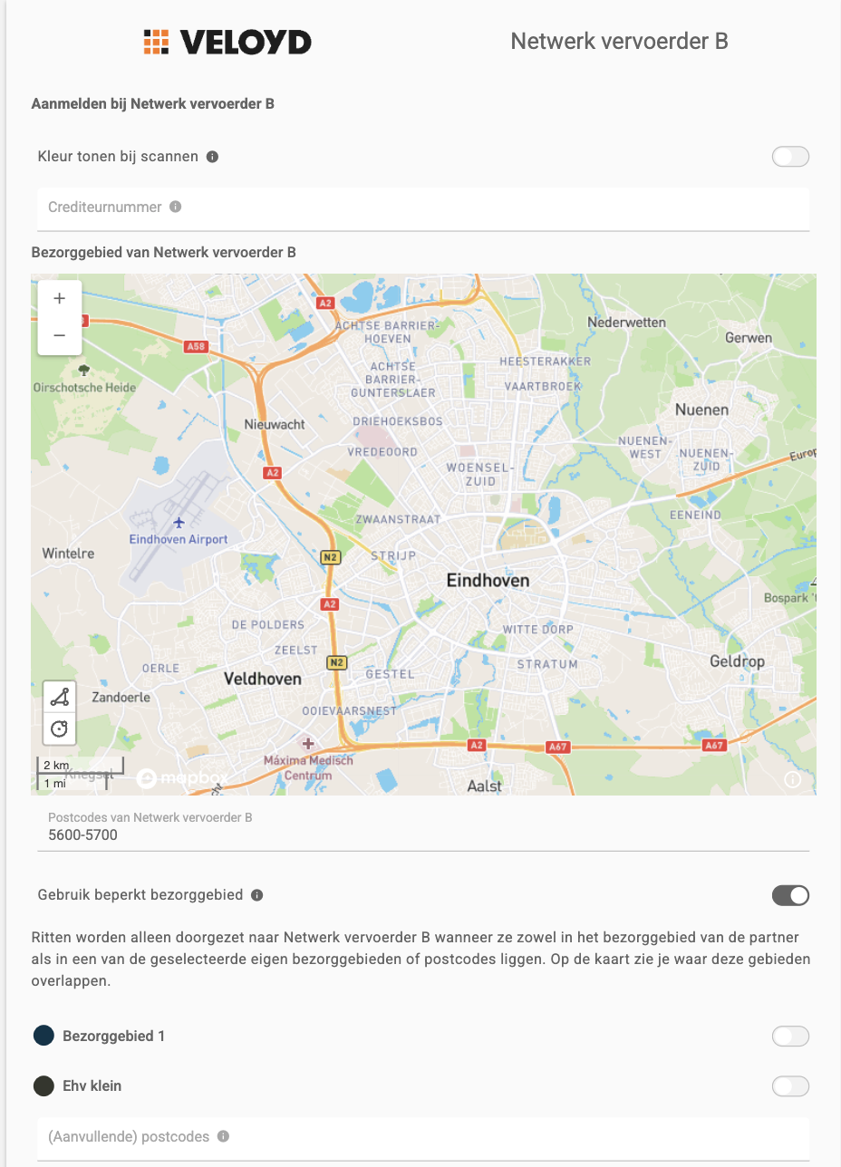 Instellingen voor aanmelden bij een partner met het bezorggebied van de partner en Gebruik beperkt bezorggebied aangezet