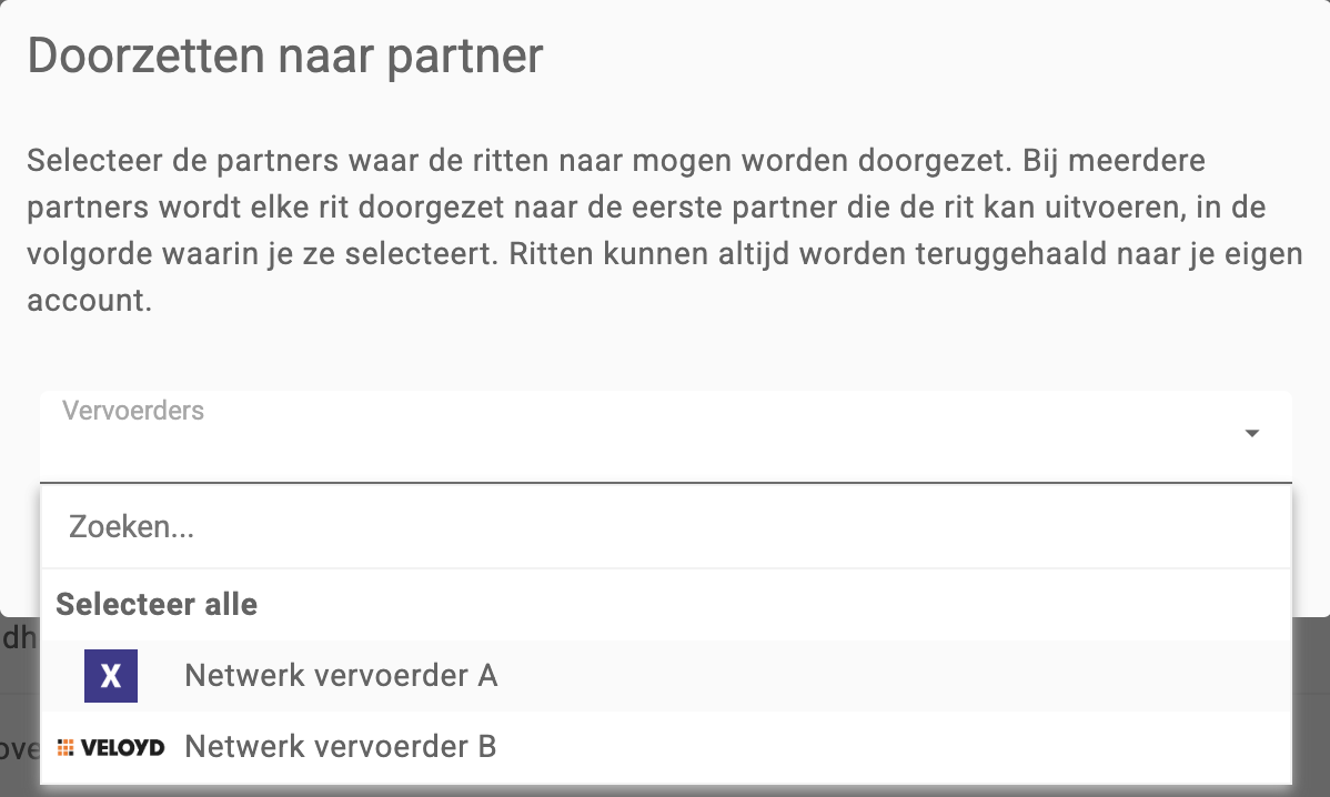 Venster Doorzetten naar partner met de geopende lijst Vervoerders