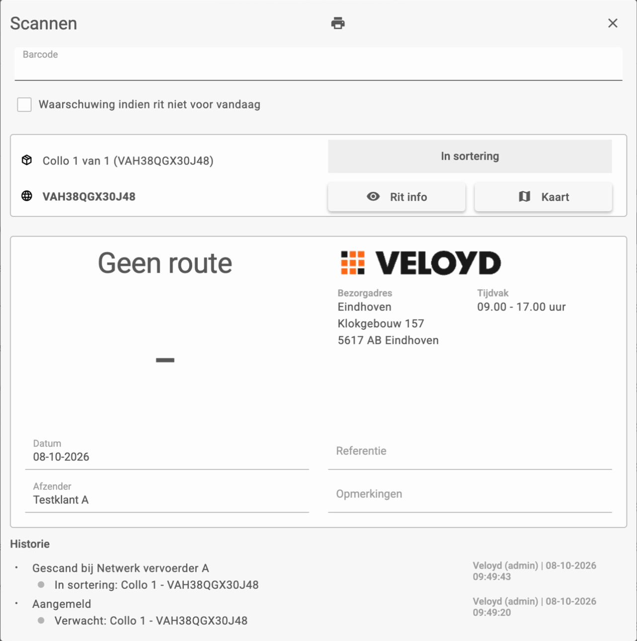 Scanscherm met het logo van de partner die de rit uitvoert en de status In sortering