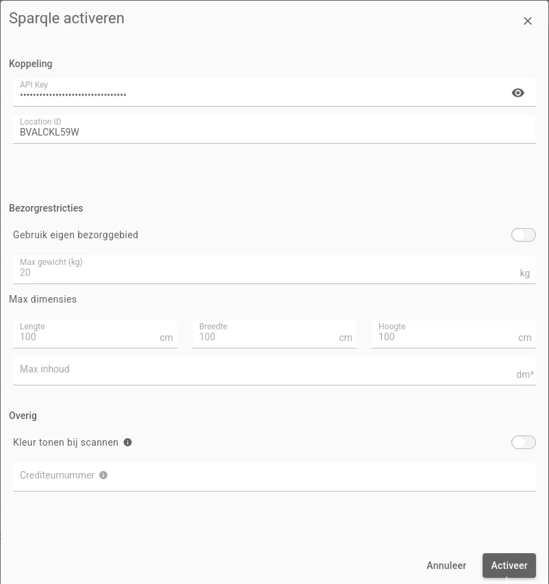 Venster Sparqle activeren met API Key, Location ID, bezorgrestricties en de knop Activeer