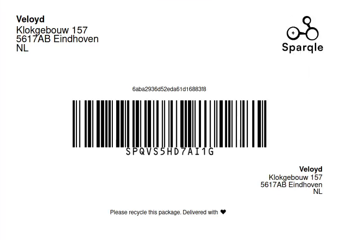 Label van Sparqle met barcode en adres van de ontvanger