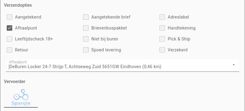 Nieuwe zending met verzendoptie Afhaalpunt aangevinkt, een gekozen afhaalpunt en vervoerder Sparqle