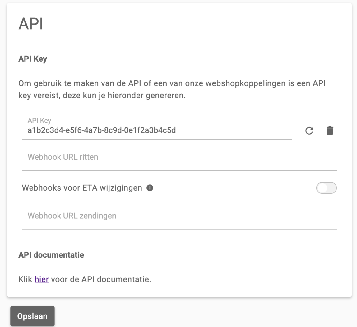 De API-pagina in het klantportaal met de API key