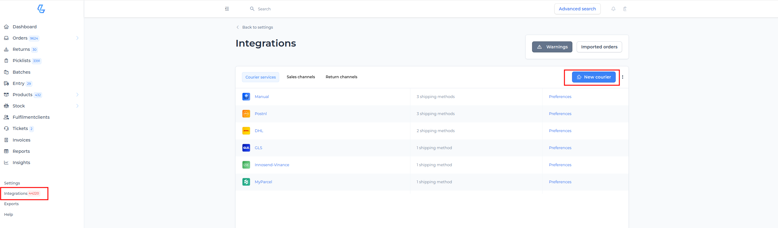 Integrations in Lyra met de knop New courier