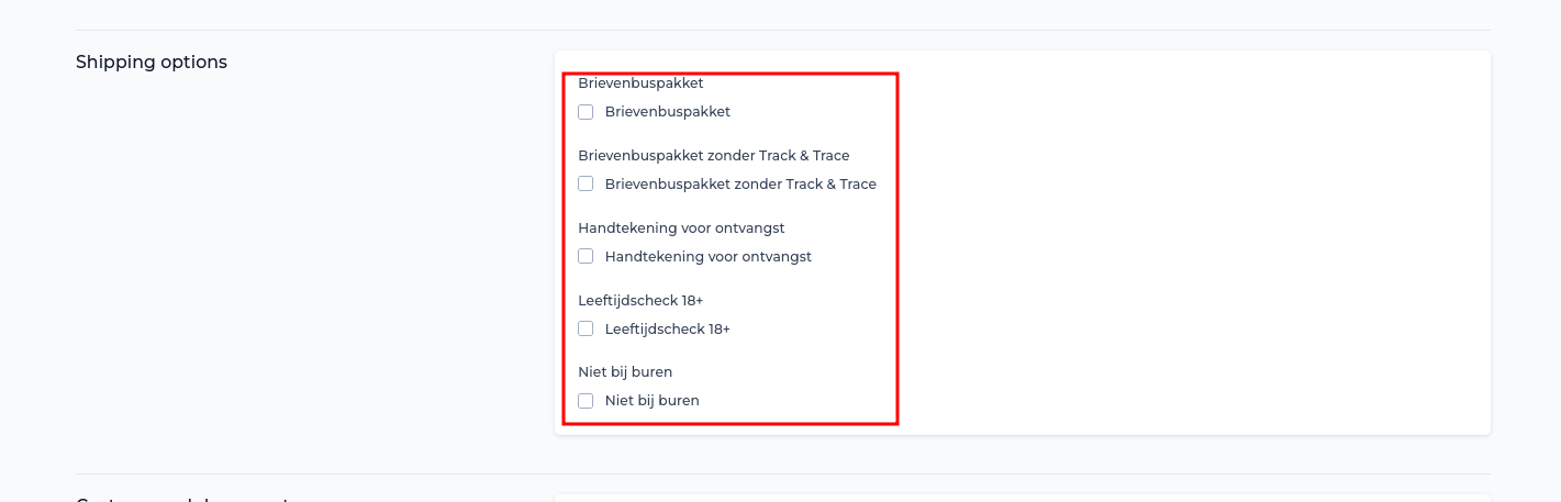Shipping options bij een verzendmethode in Lyra met de verzendopties uit Veloyd