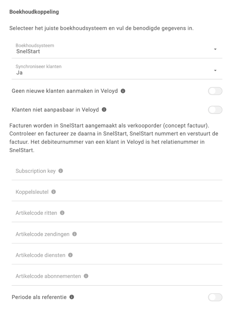 Instellingen Administratie met SnelStart als boekhoudsysteem, de velden voor de sleutels en artikelcodes en de schakelaar Periode als referentie