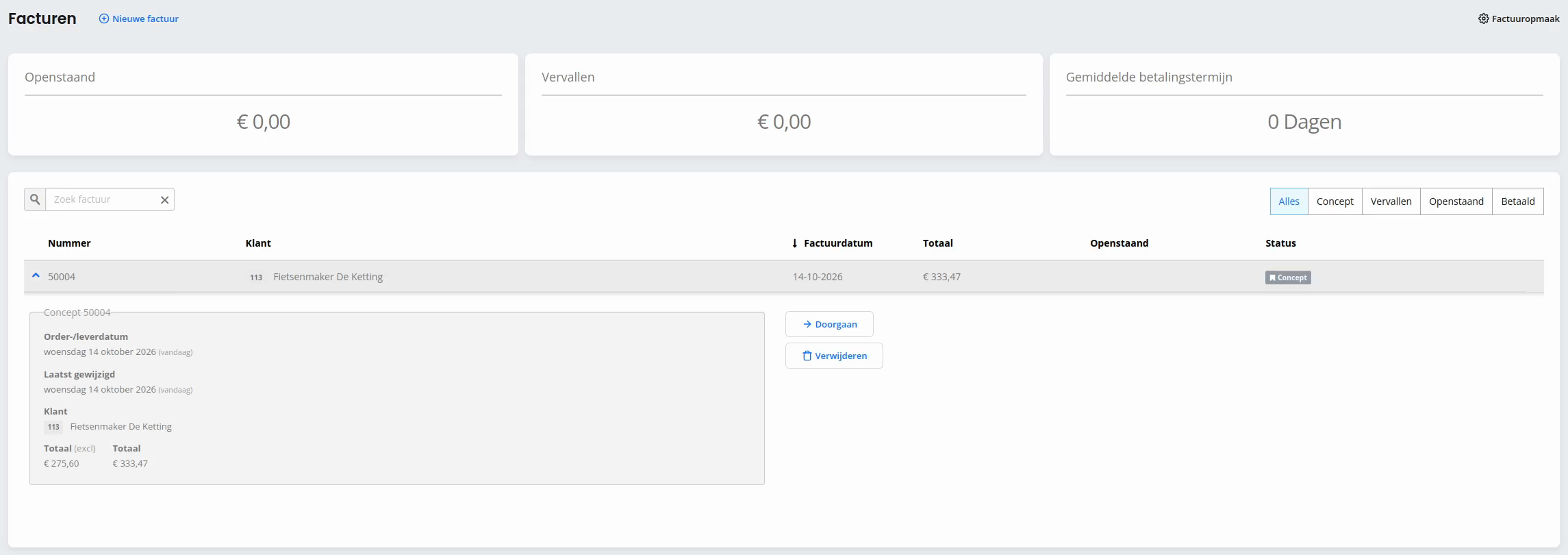 Facturen in SnelStart met een factuur uit Veloyd die de status Concept heeft